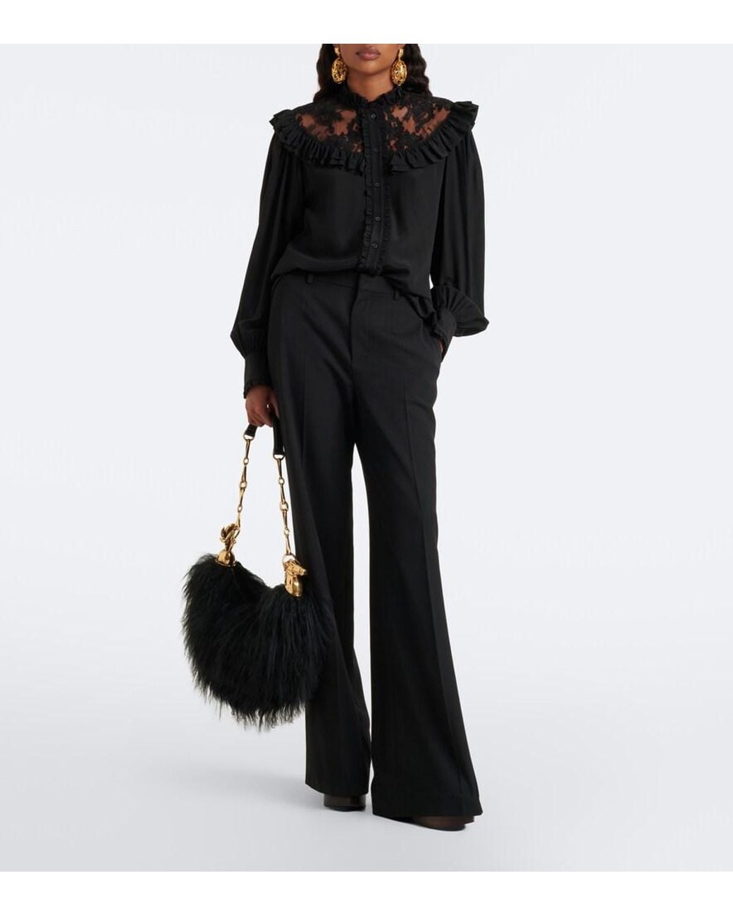 Chloé Black Chain Horse Large Shearling Shoulder Bag