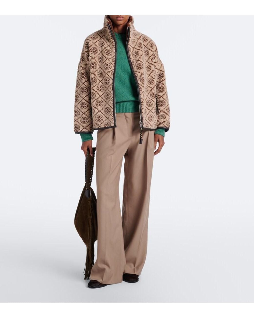 Tory Burch Brown T Monogram Printed Teddy Jacket