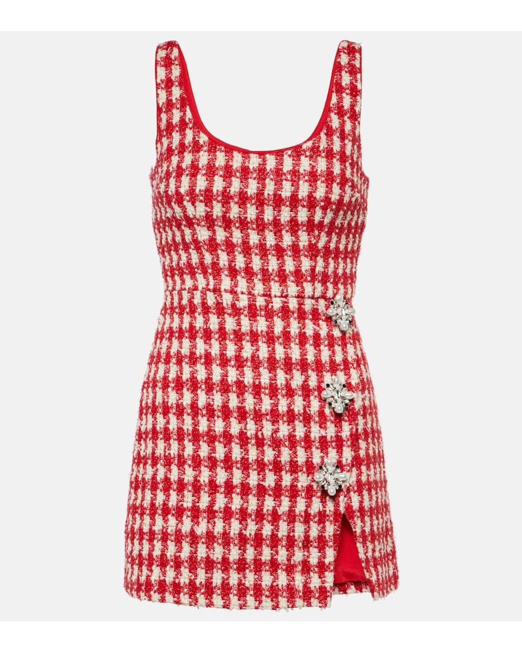 Self-Portrait Red Crystal-embellished Metallic-bouclé Woven Mini Dress