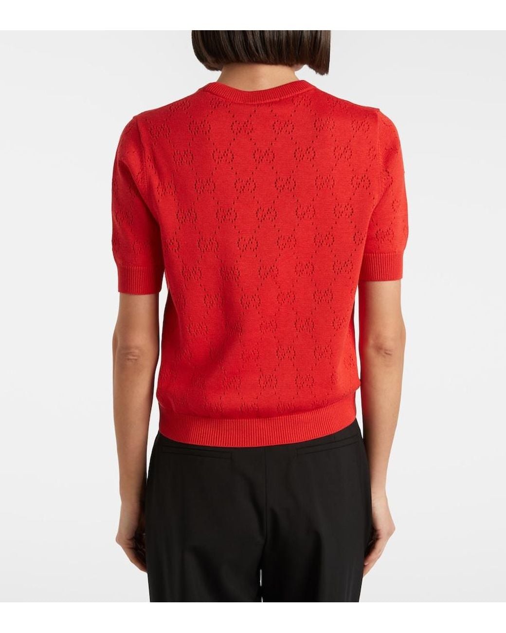Gucci Red Gg Pointelle Silk And Cotton Sweater