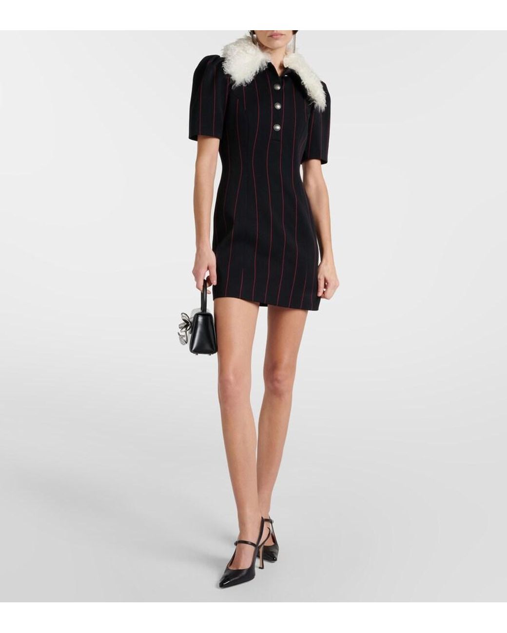 Alessandra Rich Black Pinstripe Collared Wool-Blend Minidress