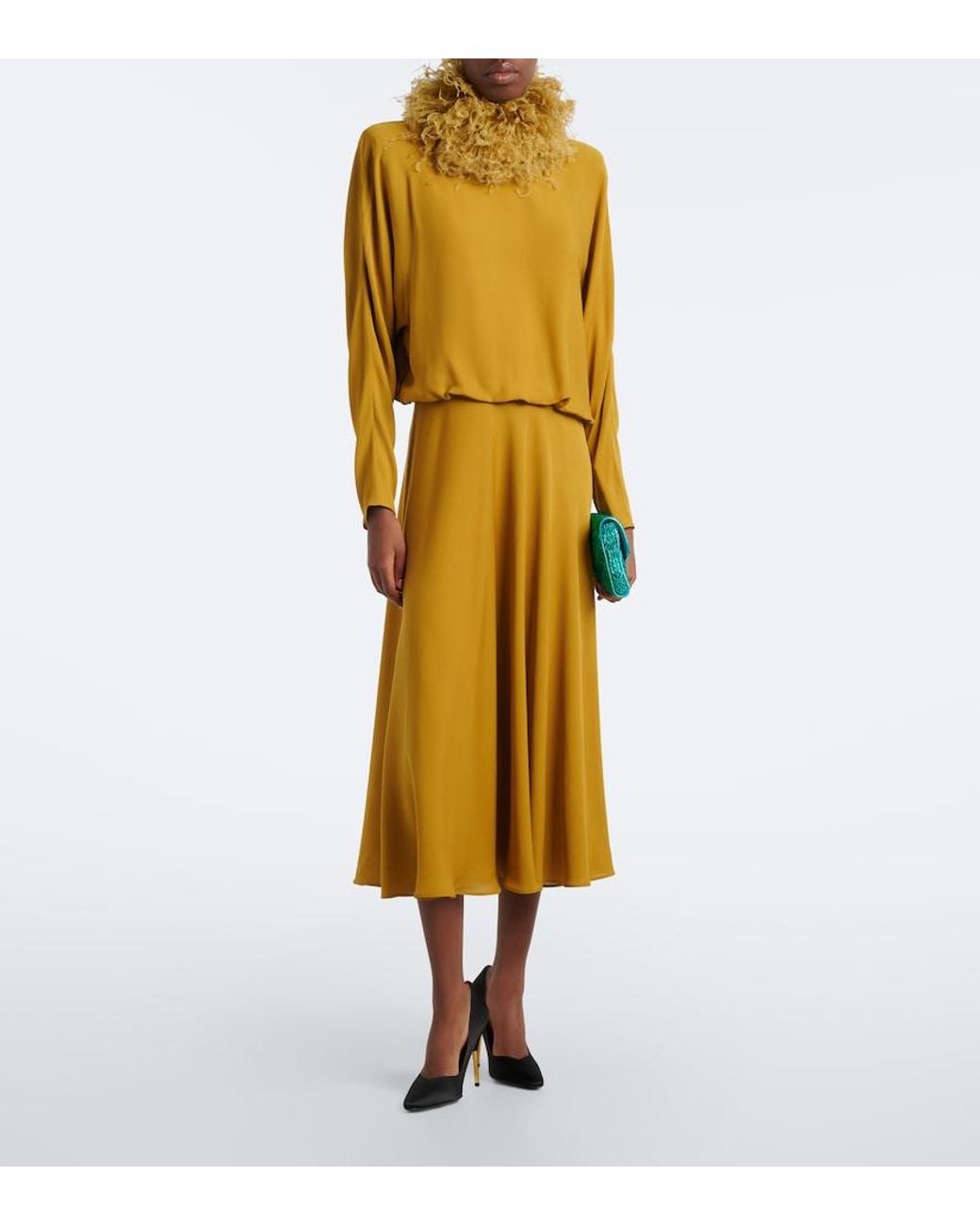 Valentino Garavani Yellow Feather-Trimmed Silk Georgette Midi Dress