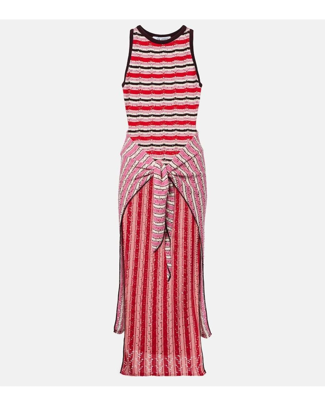 The Attico Red Striped Crochet Cotton Midi Dress