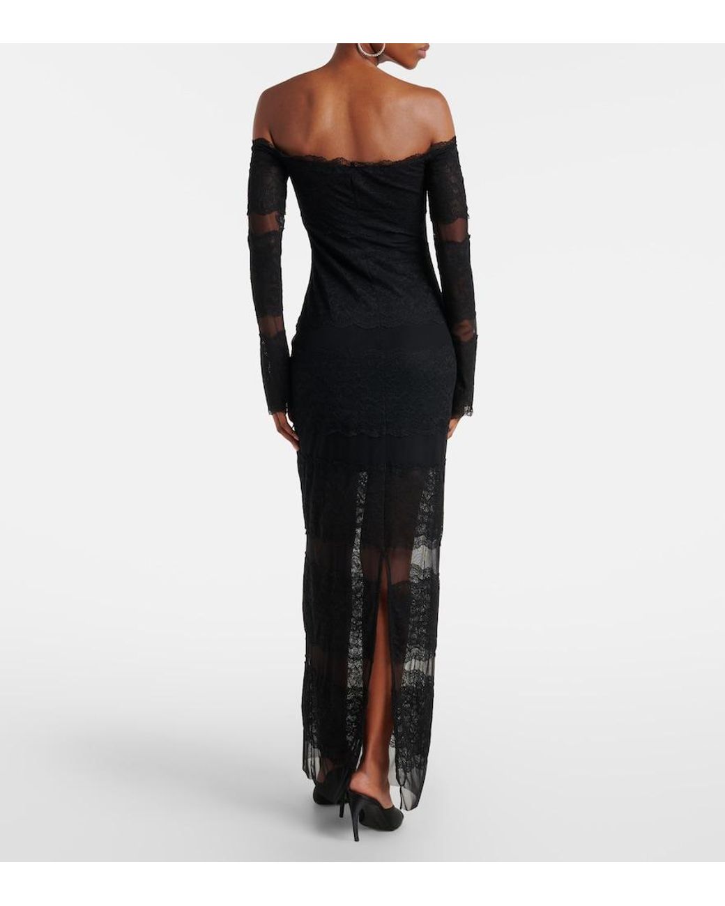 Blumarine Black Off-Shoulder Lace Tulle Maxi Dress