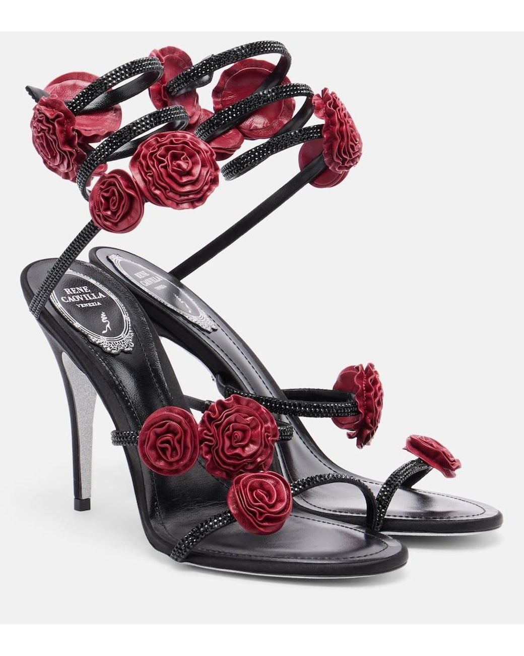 Rene Caovilla Pink Cleo Floral-Applique Satin Sandals