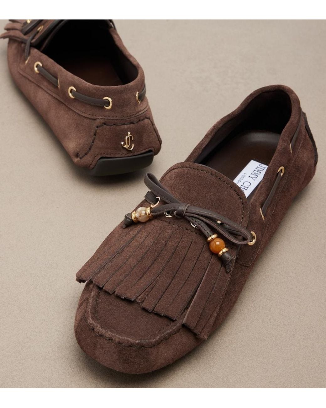 Jimmy Choo Brown Manon Fringed Suede Boat Shoes