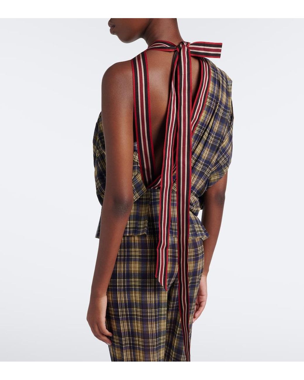Dries Van Noten Gray Checked Draped One-Shoulder Top