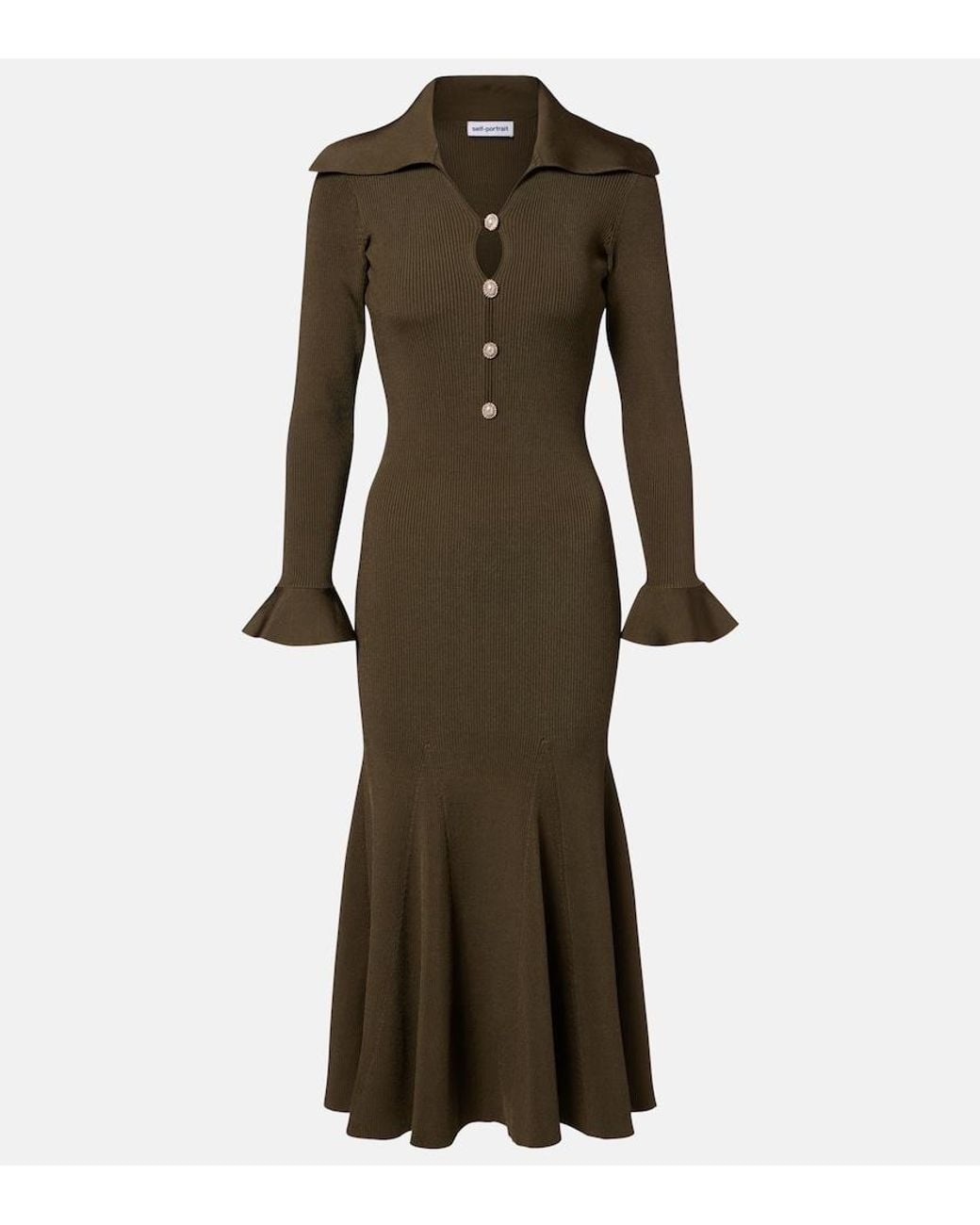 Self-Portrait Natural Ribbed-Knit Midi Dress