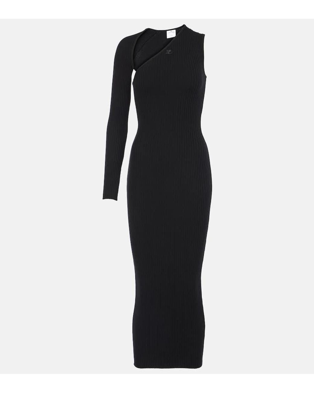 Courreges Black Asymmetric Ribbed-Knit Midi Dress