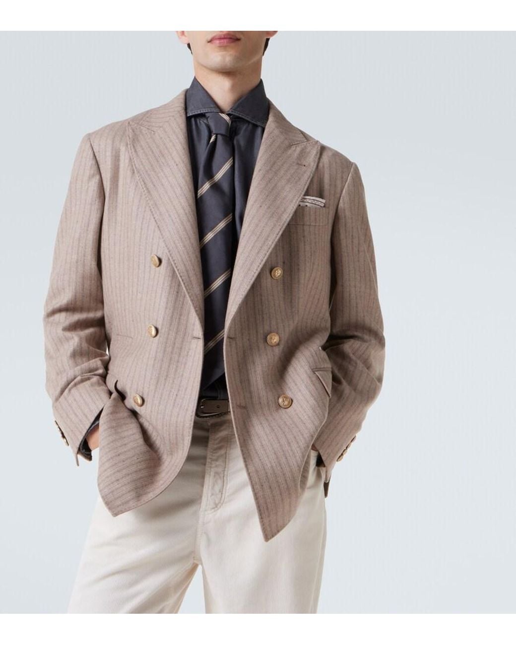 Brunello Cucinelli Brown Striped Cashmere And Silk Blazer for men