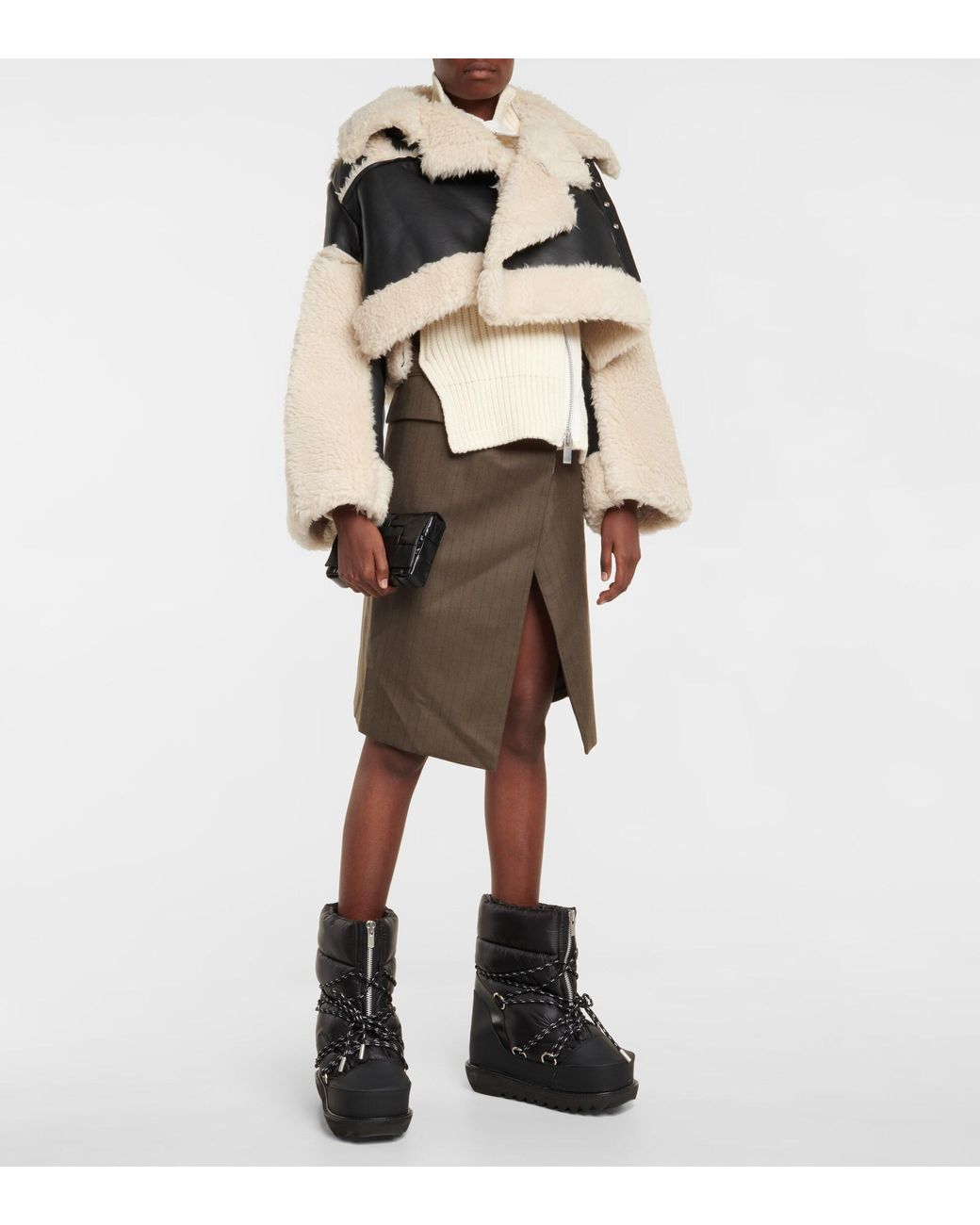 Sacai Faux Shearling Cropped Jacket in Natural | Lyst