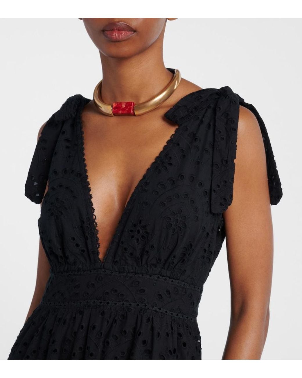 Poupette Black Perla Embroidered Cotton Maxi Dress