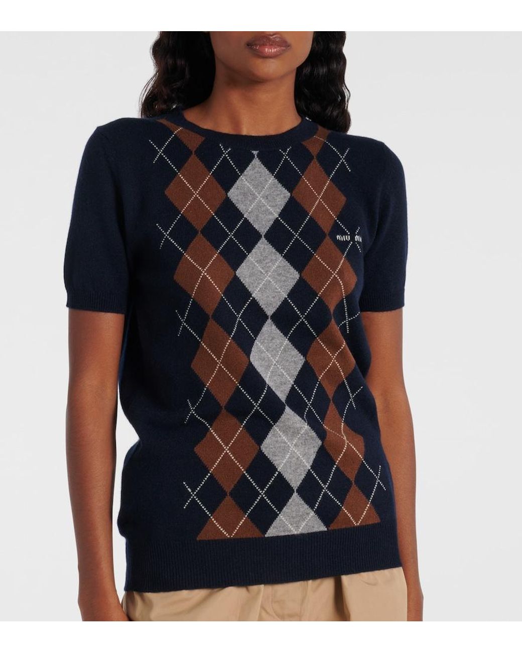 Miu Miu Blue Argyle Knitted Cashmere Top
