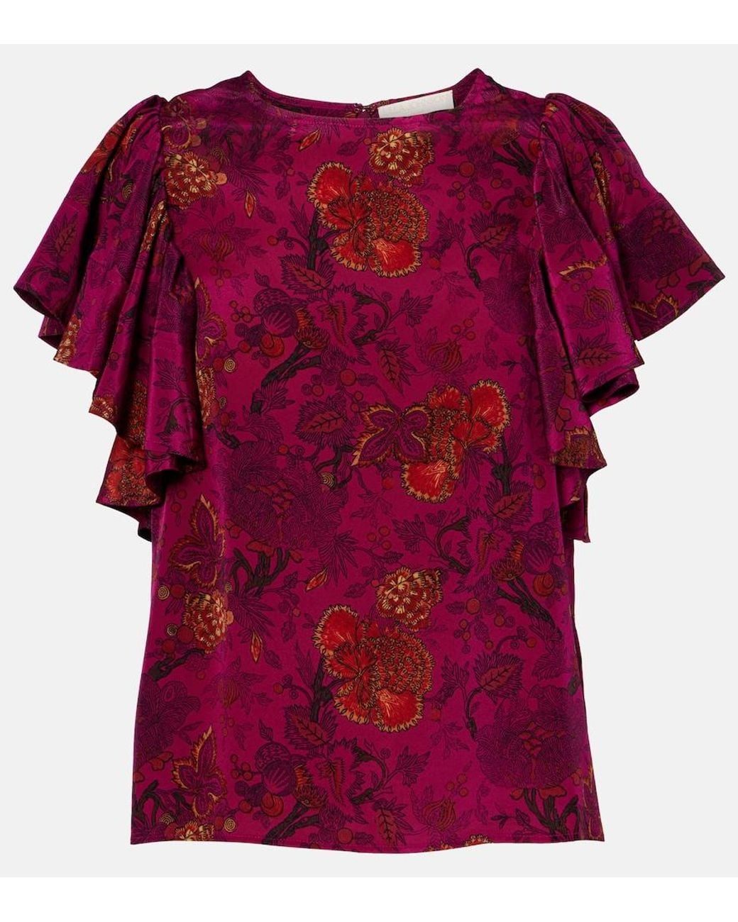 Ulla Johnson Red Lena Floral Silk Crepe De Chine Top