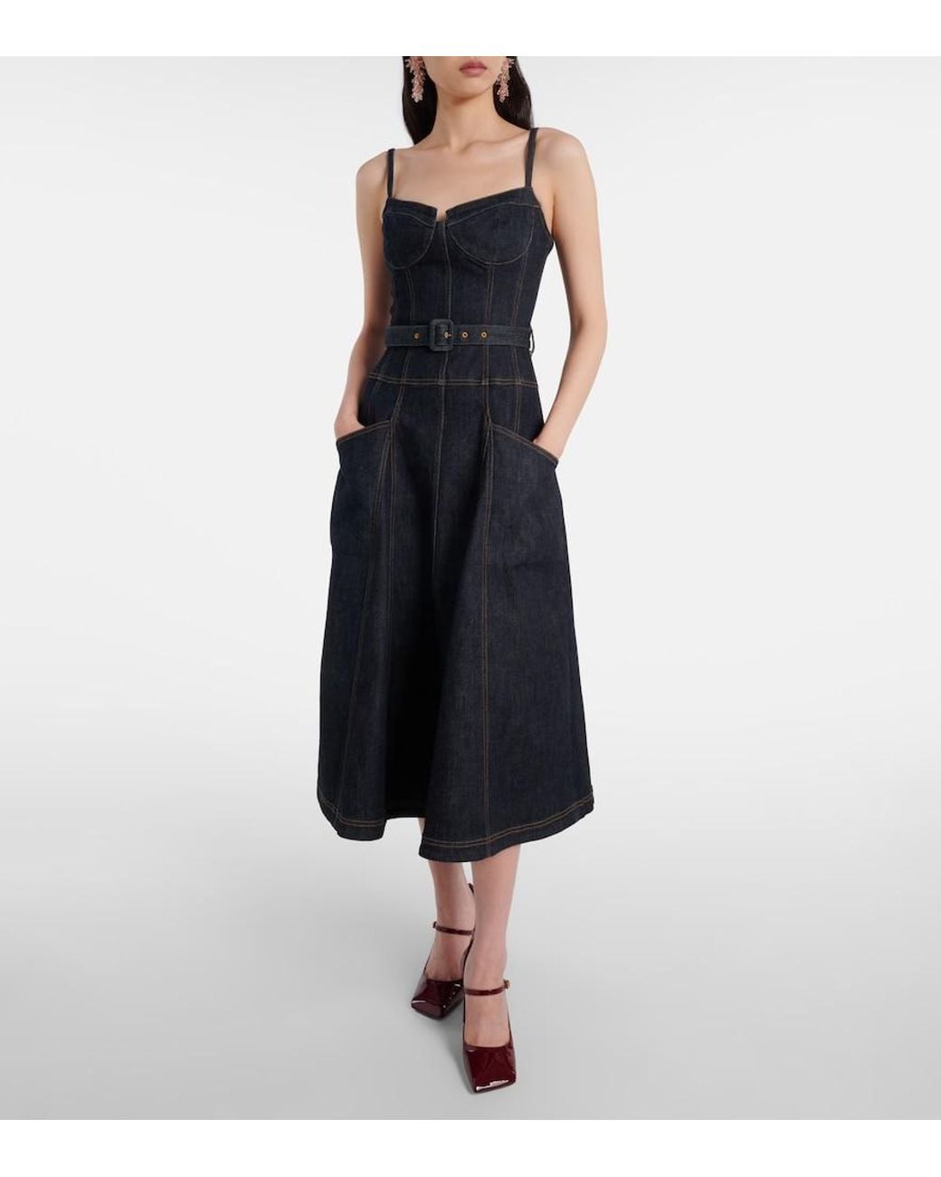 Vestido Bustier De Denim Con Cinturon Self-Portrait de color Blue