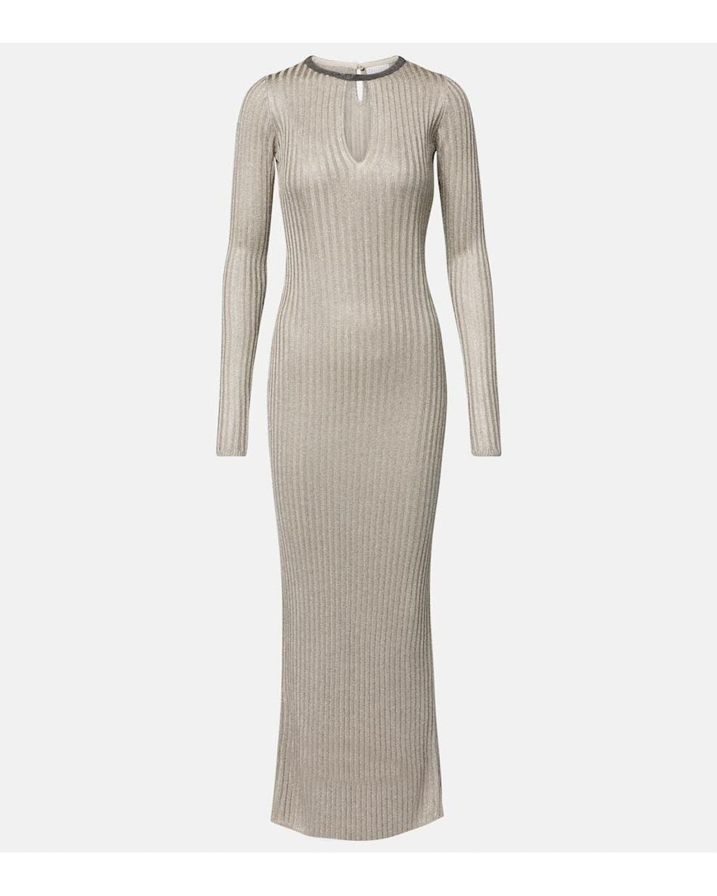 Brunello Cucinelli Gray Monili Ribbed-Knit Lame Maxi Dress