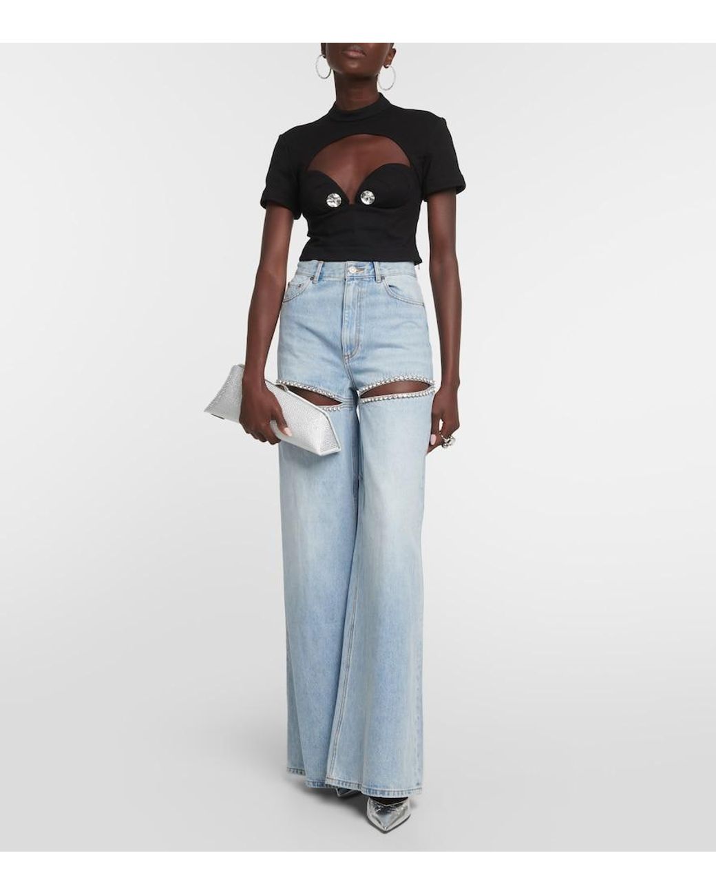 Area Blue Cutout Embellished High-Rise Wide-Leg Jeans