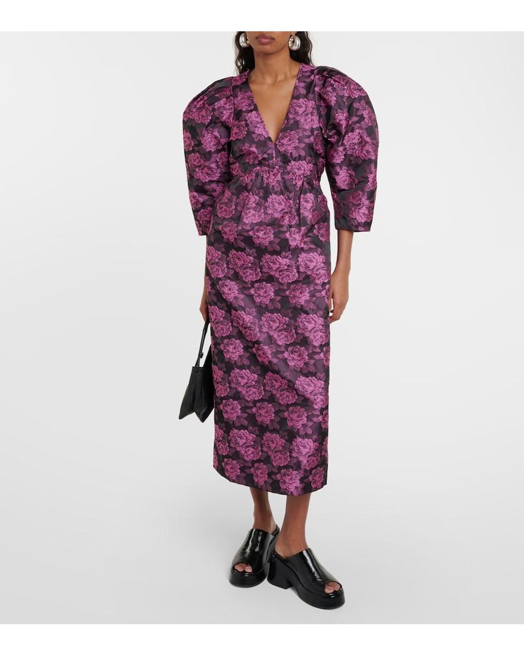 Ganni Purple Net Sustain Floral-Print Jacquard Midi Dress