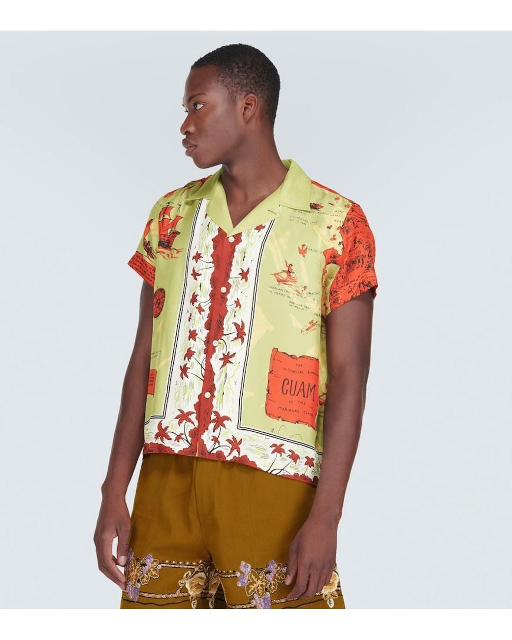 Bode Green Printed Silk Shirt for men