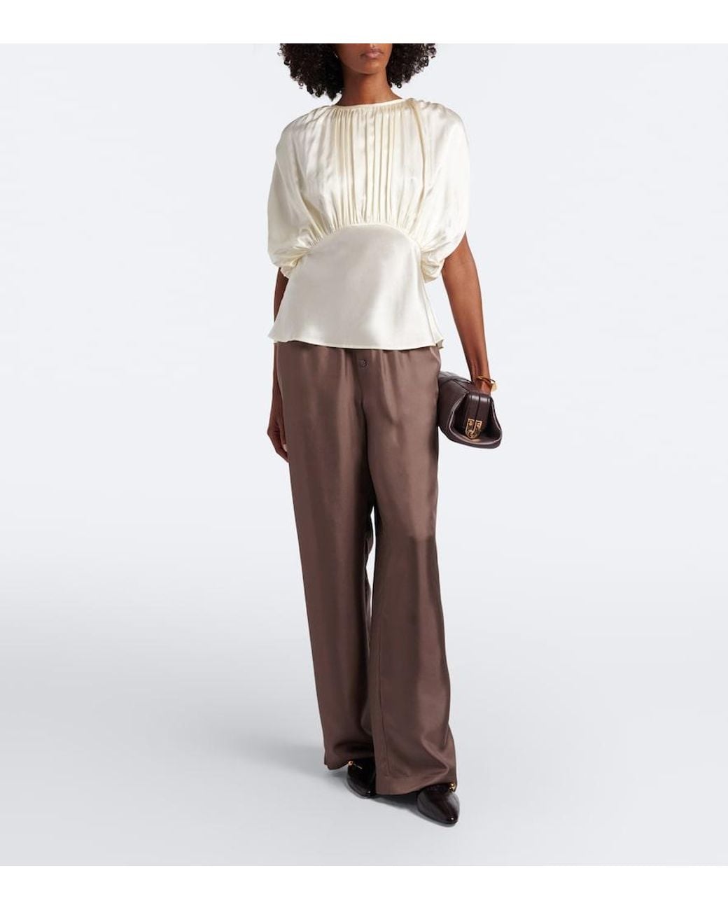 TOVE White Peta Draped Peplum Silk Satin Top