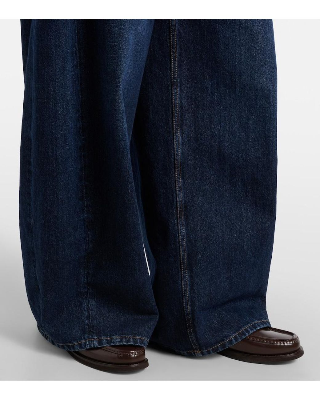 Brunello Cucinelli Blue Leather-Trimmed Barrel-Leg Jeans