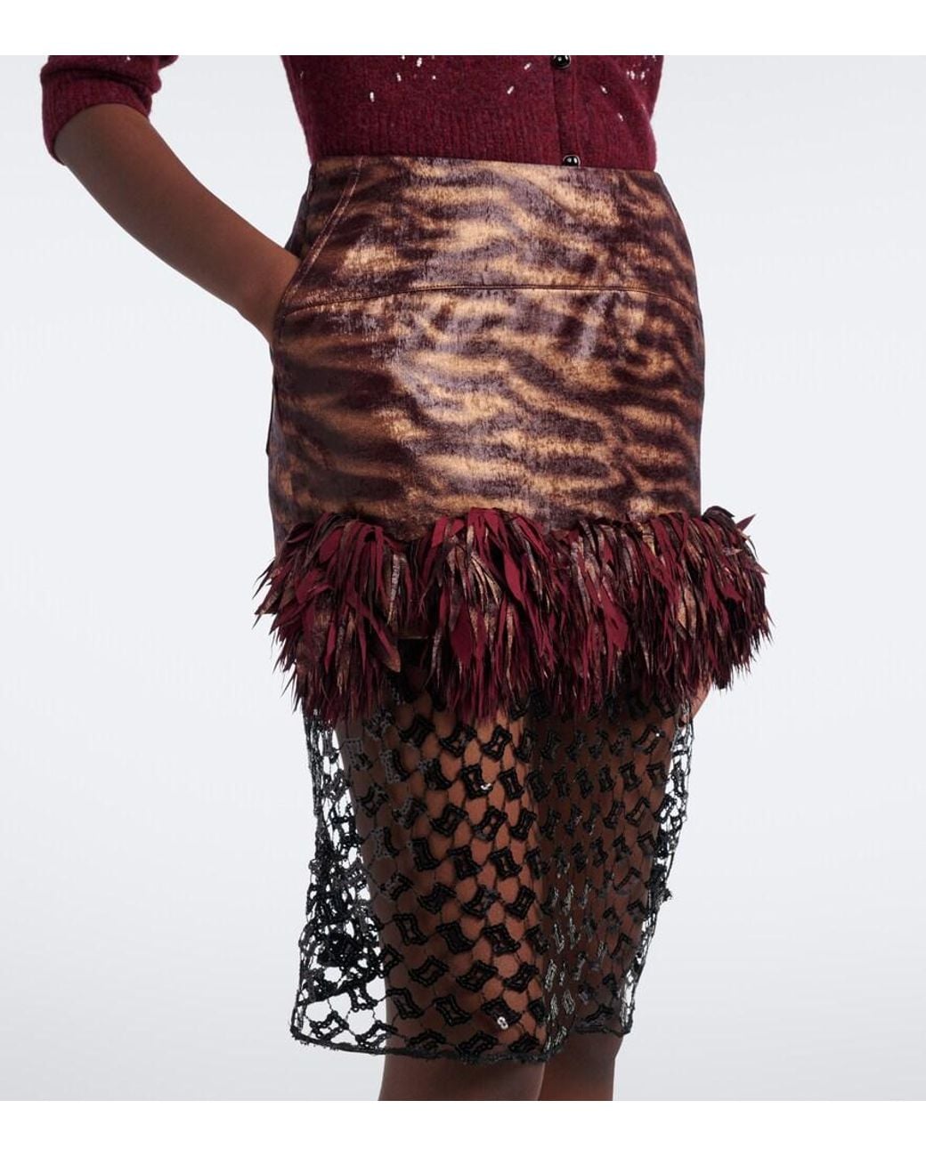 JACQUES WEI Brown Fringed Paneled Sequined Miniskirt