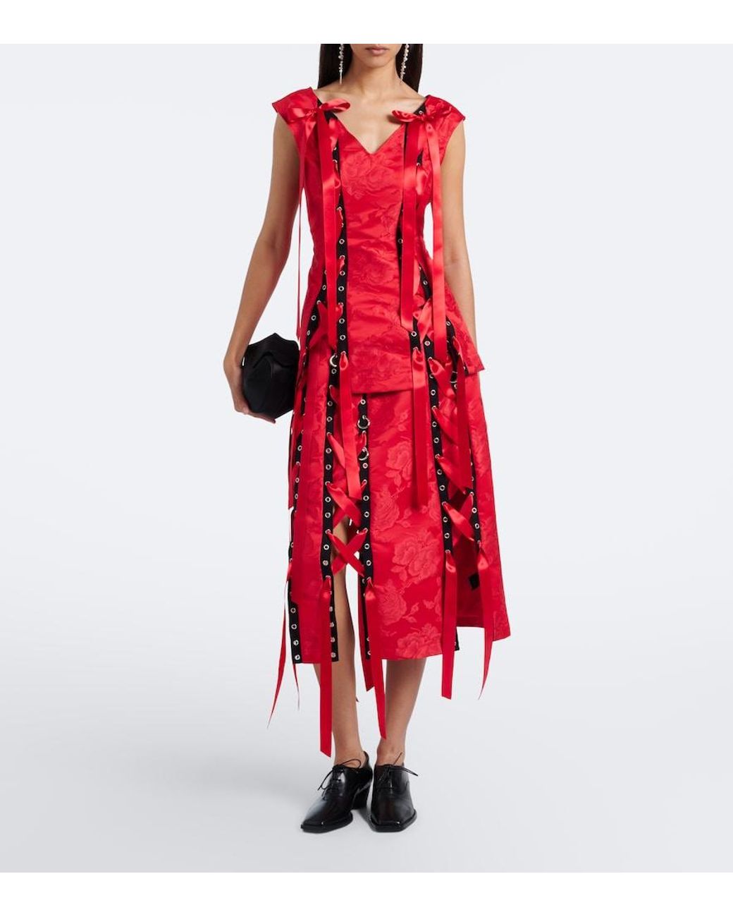 Simone Rocha Red Bow-Detail Floral Brocade Midi Skirt