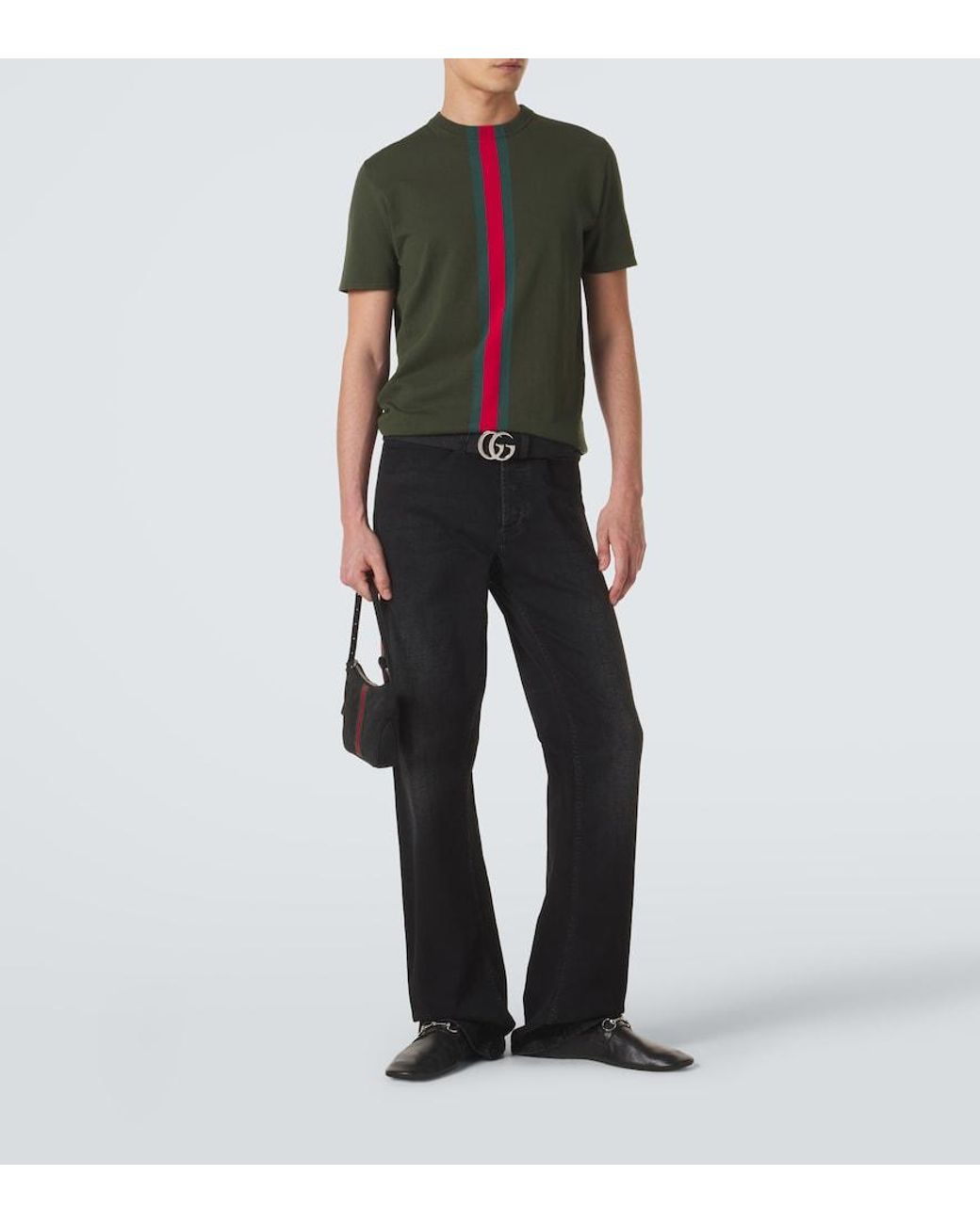 Gucci Green Web Stripe Knitted Cotton T-Shirt for men