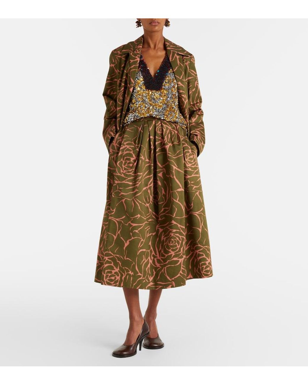 Dries Van Noten Brown Floral Sequined Cotton Wrap Coat