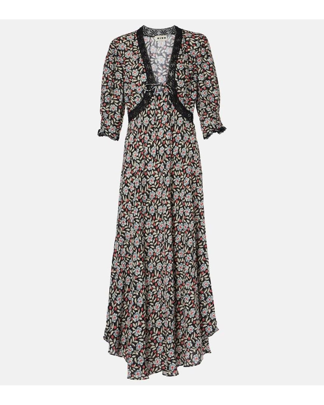 Rixo Black Women's Amina Carnation Slate Crepe Midi Dress 14