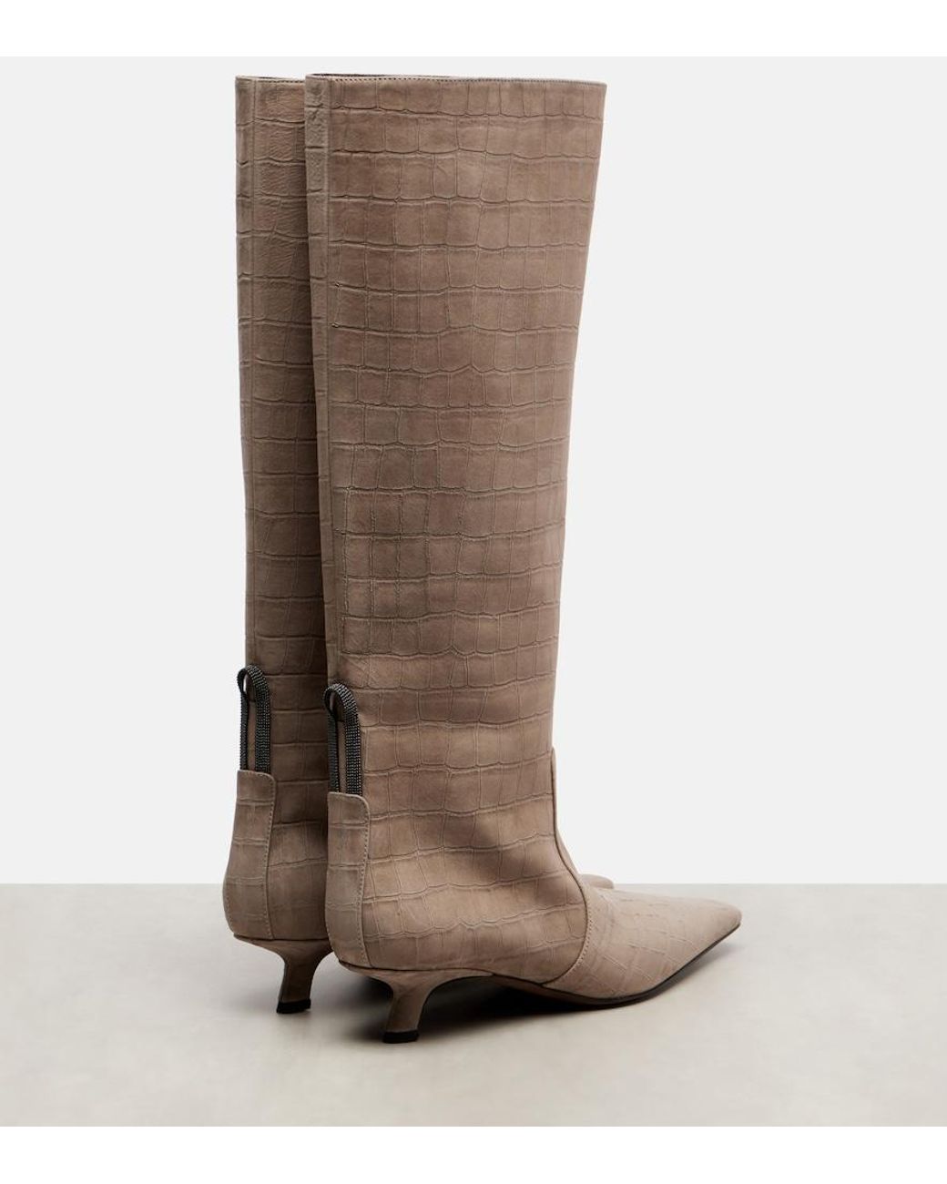 Brunello Cucinelli Brown Monili Croc-Effect Suede Knee-High Boots