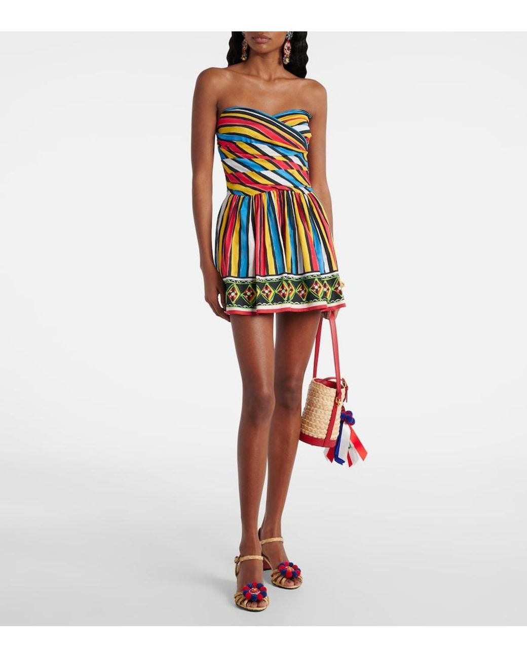 Dolce & Gabbana Red Ruched Striped Minidress