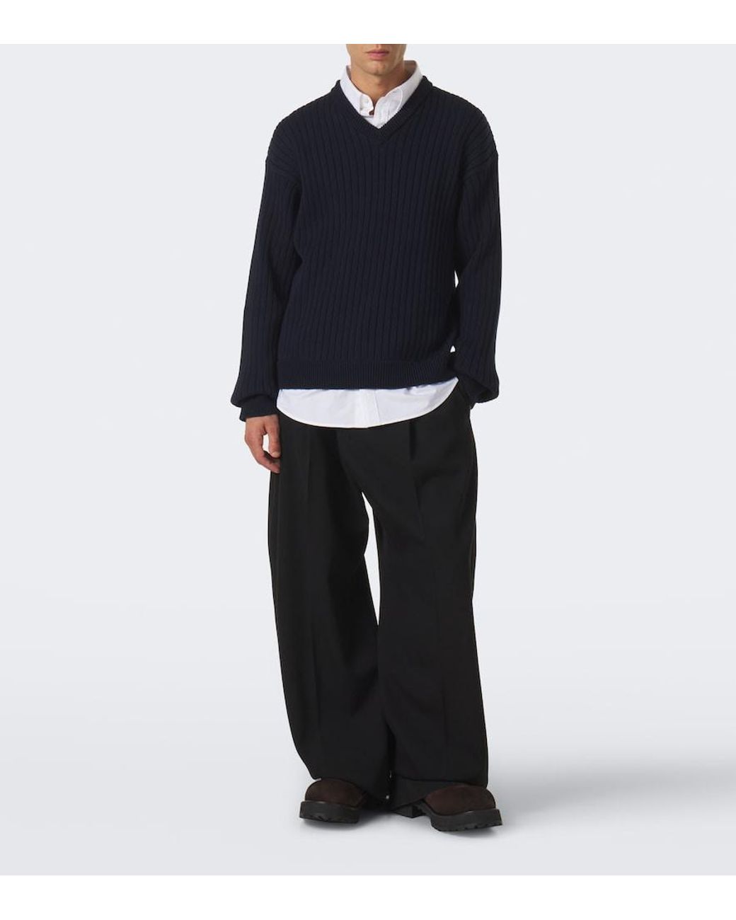 Balenciaga Blue Layered Ribbed-Knit Cotton Sweater for men