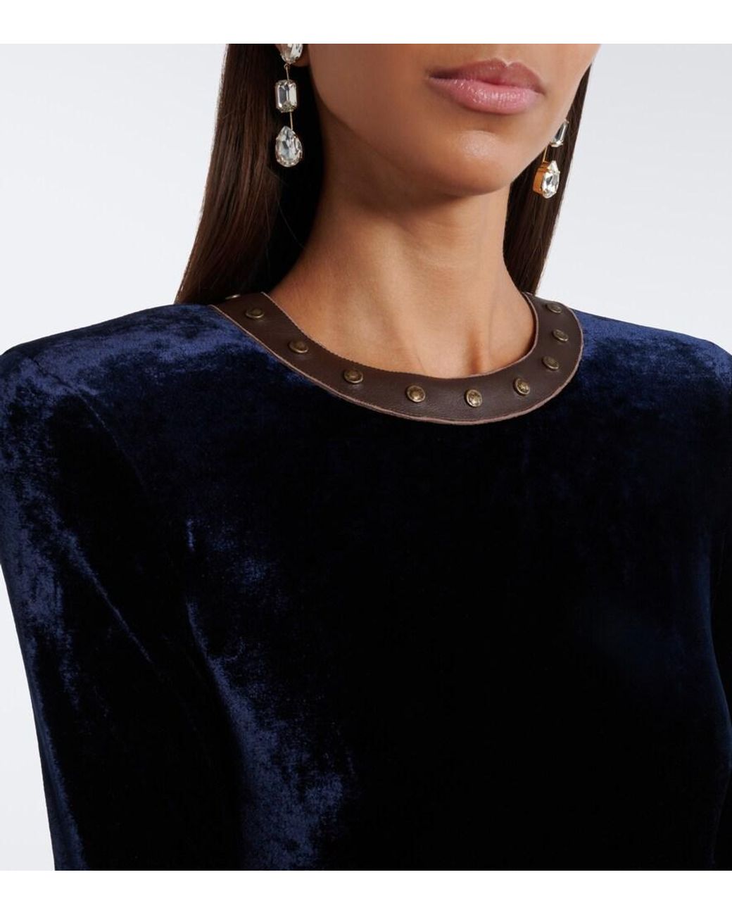 Ralph Lauren Black Nancie Leather-Trimmed Velour Gown