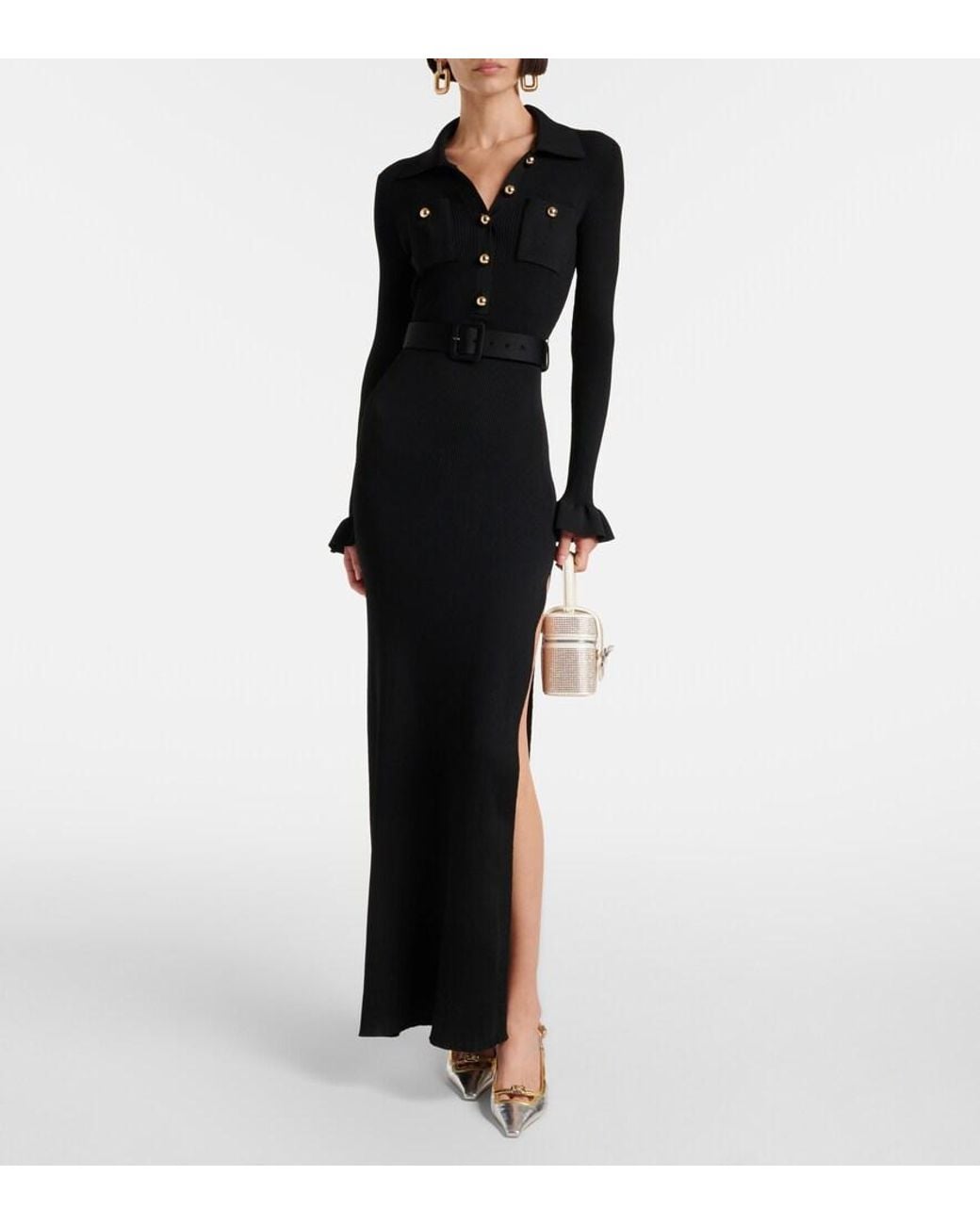 Self-Portrait Black Ribbed-Knit Side-Slit Maxi Dress