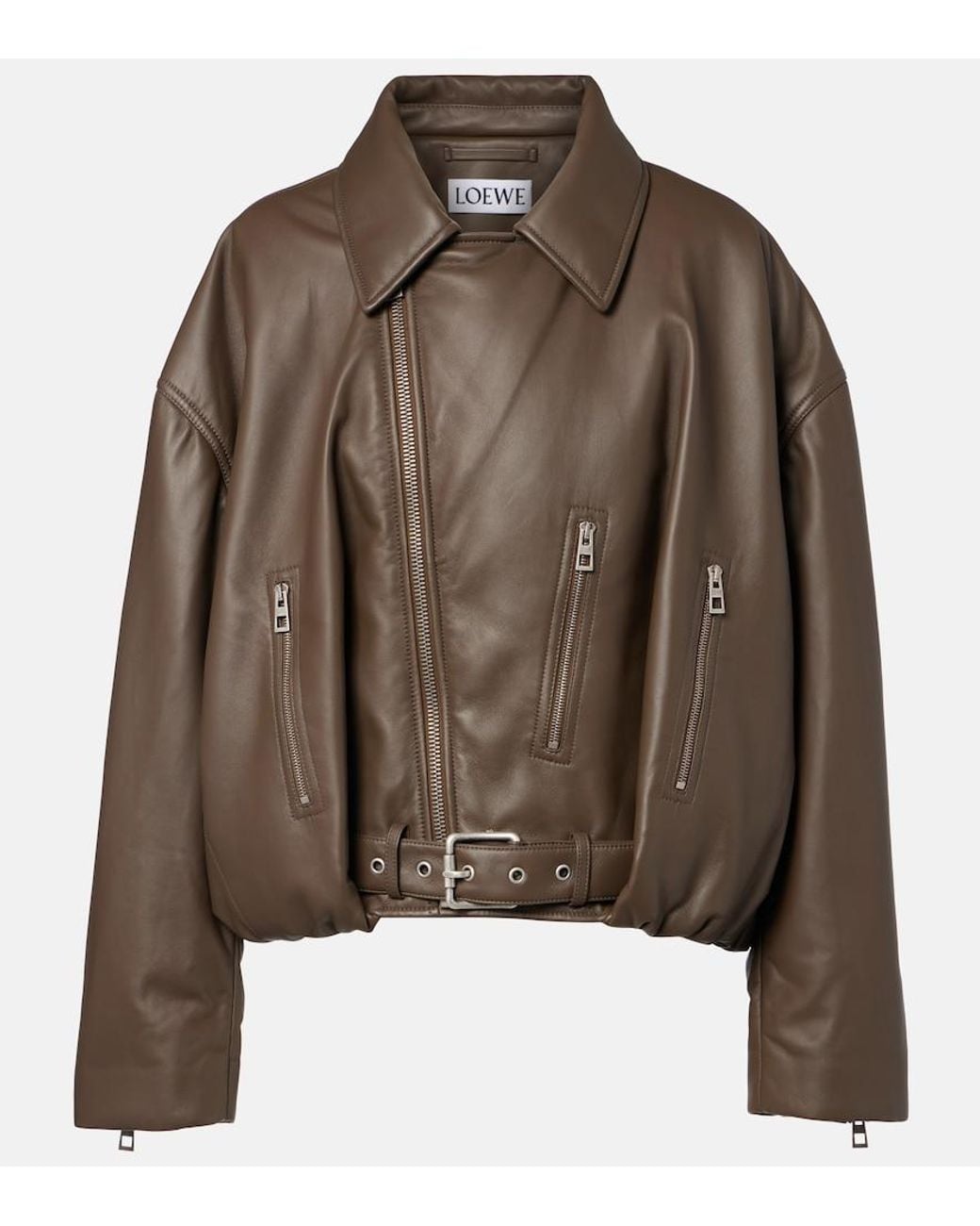 Loewe Brown Cropped Leather Biker Jacket