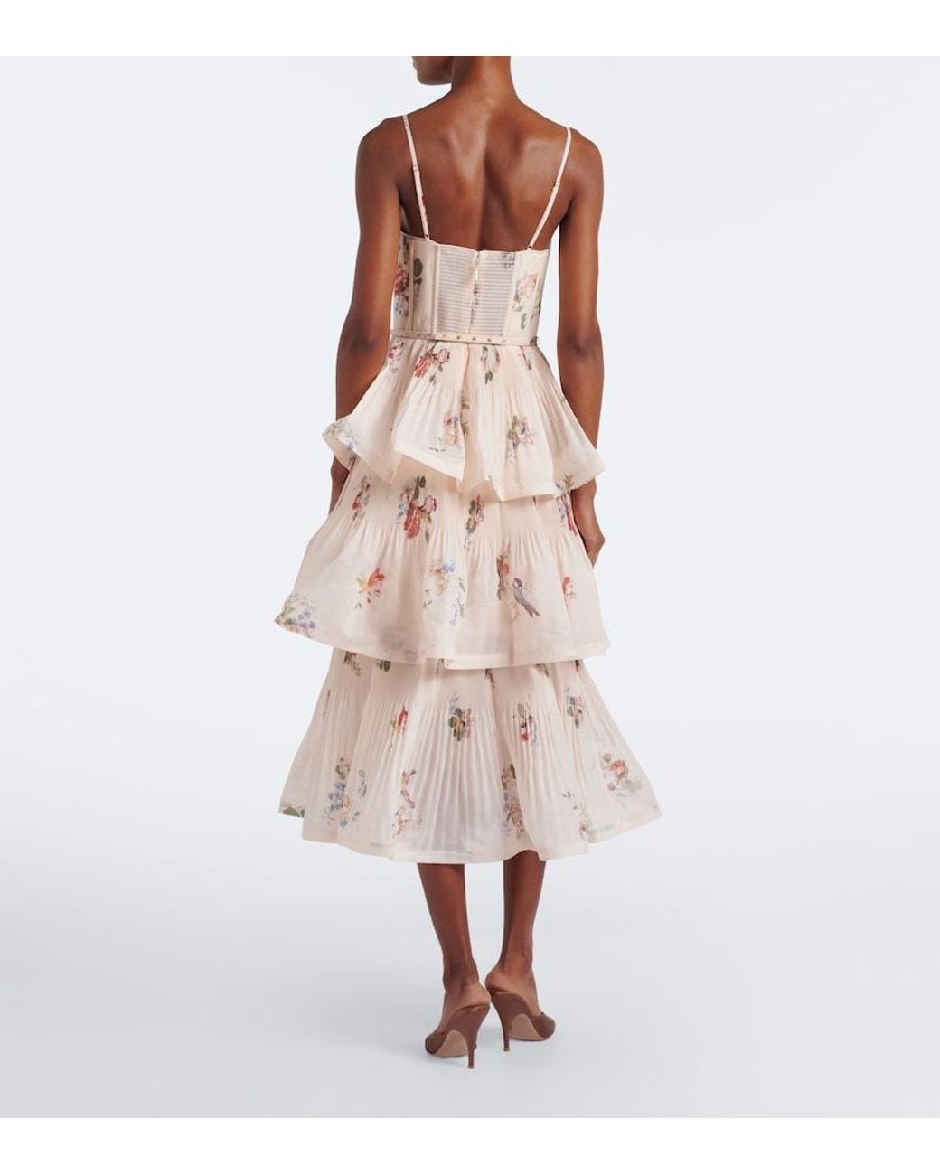 Zimmermann Natural Floral Pleated Tiered Bustier Dress