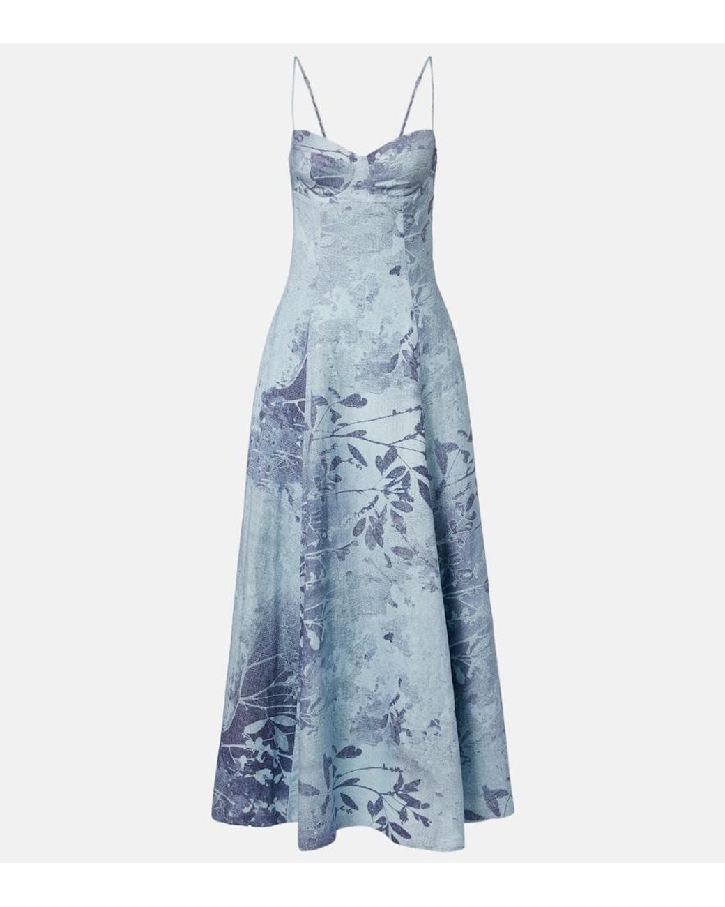 Jonathan Simkhai Blue Floral Linen And Cotton Bustier Dress