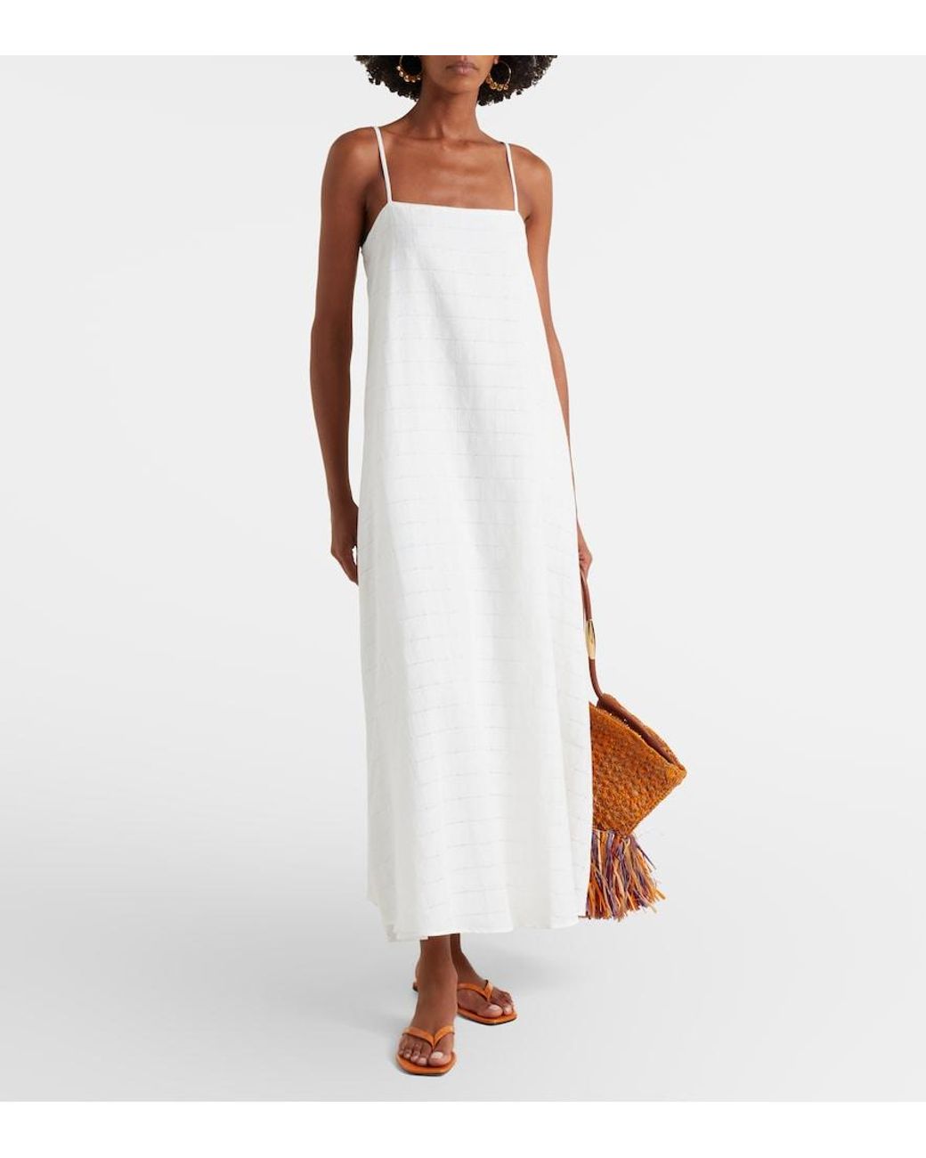 Asceno White Melfi Checked Linen And Cotton Maxi Dress