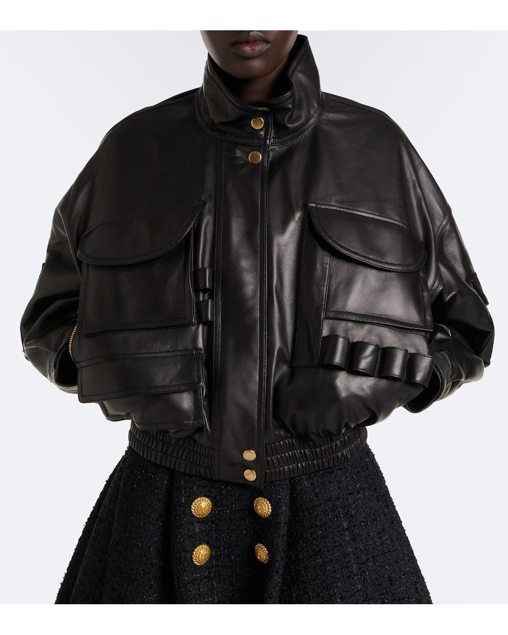 Balmain Black Cropped Leather Jacket