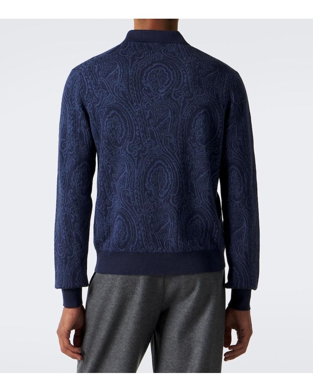 Etro Blue Paisley Wool-Blend Polo Sweater for men