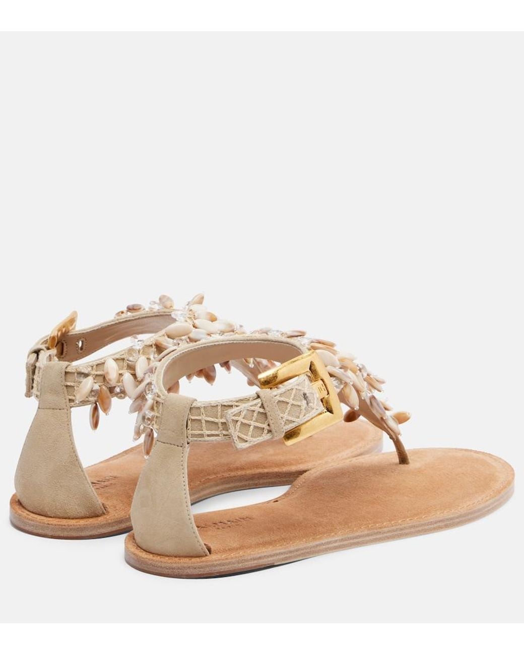 Balmain Natural Embellished Suede Thong Sandals