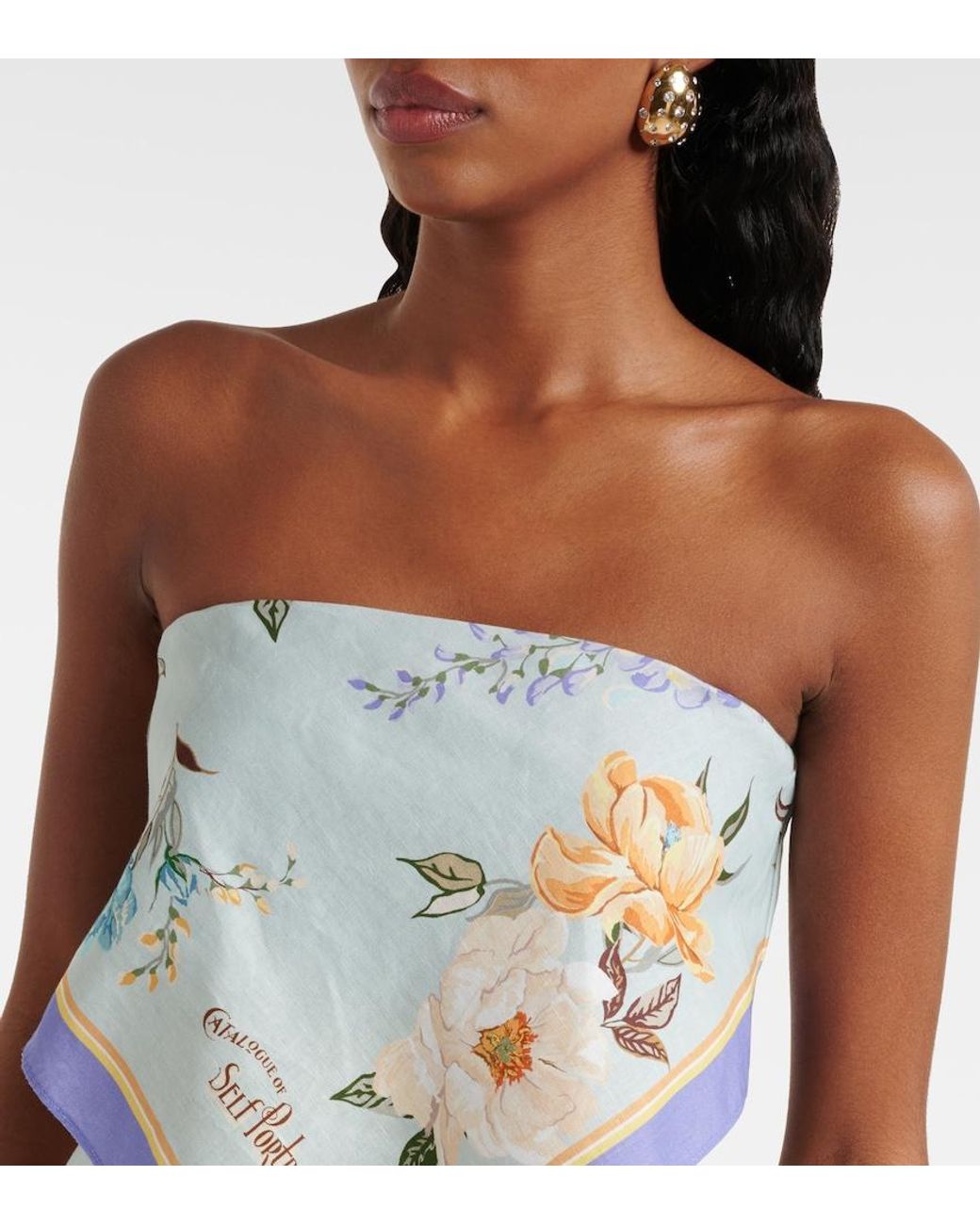 Self-Portrait Blue Floral Linen And Cotton Crop Top