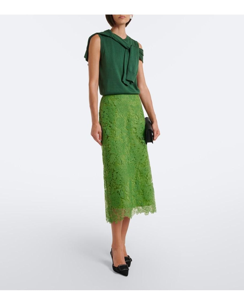 Carolina Herrera Green Floral Lace Midi Skirt