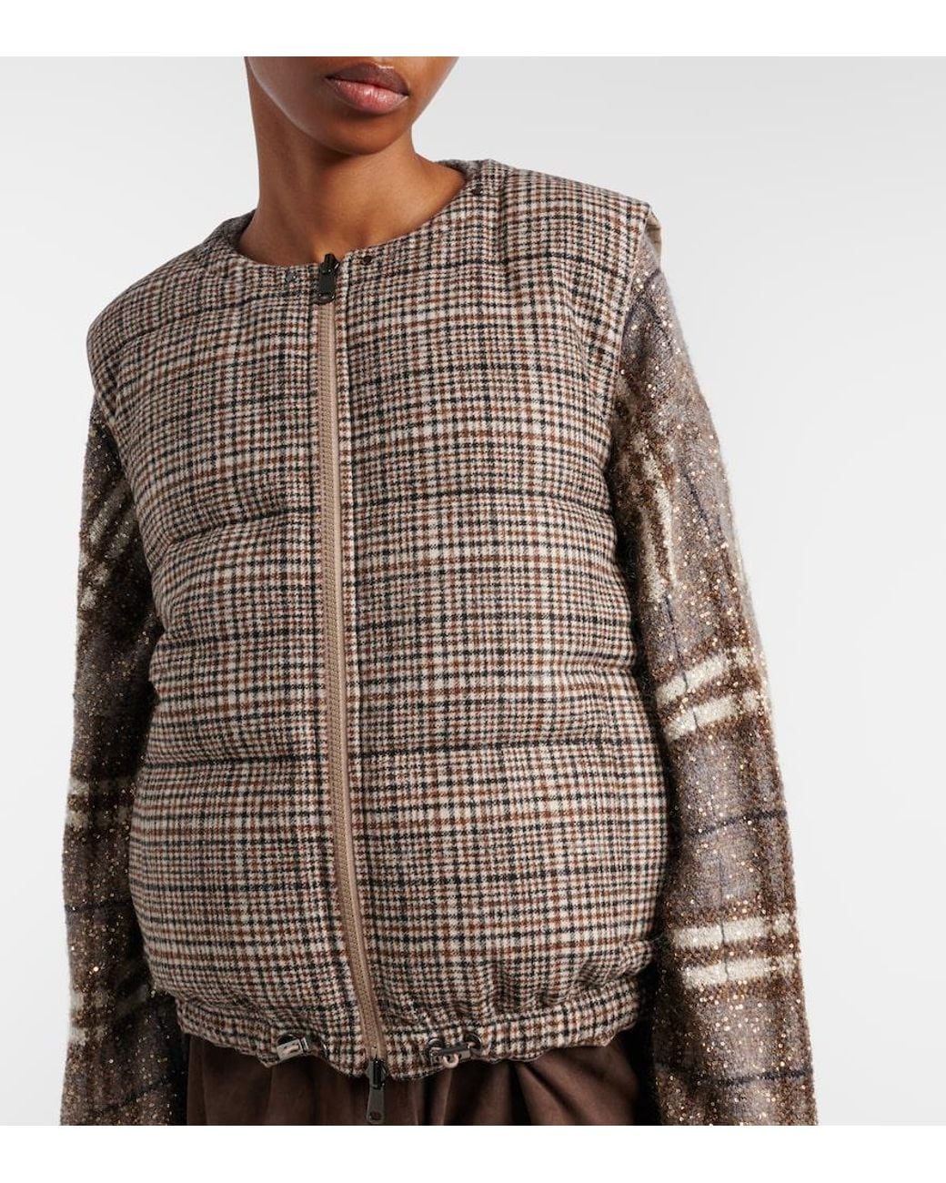Brunello Cucinelli Brown Checked Leather-Trimmed Down Vest