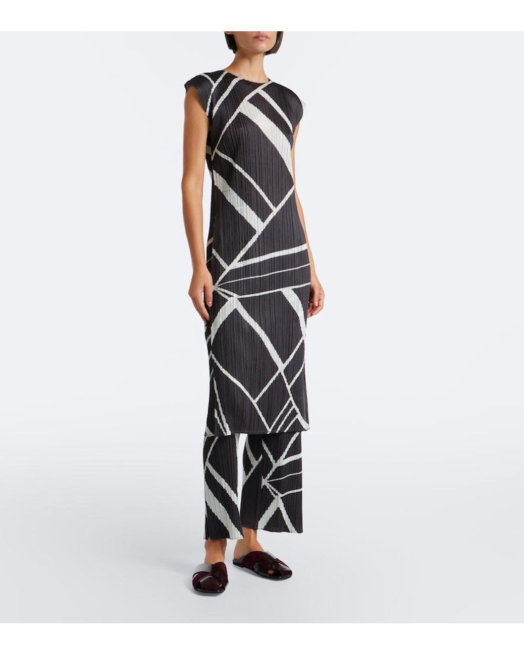 Pleats Please Issey Miyake Black Fold Line Pleated Printed Midi Dress