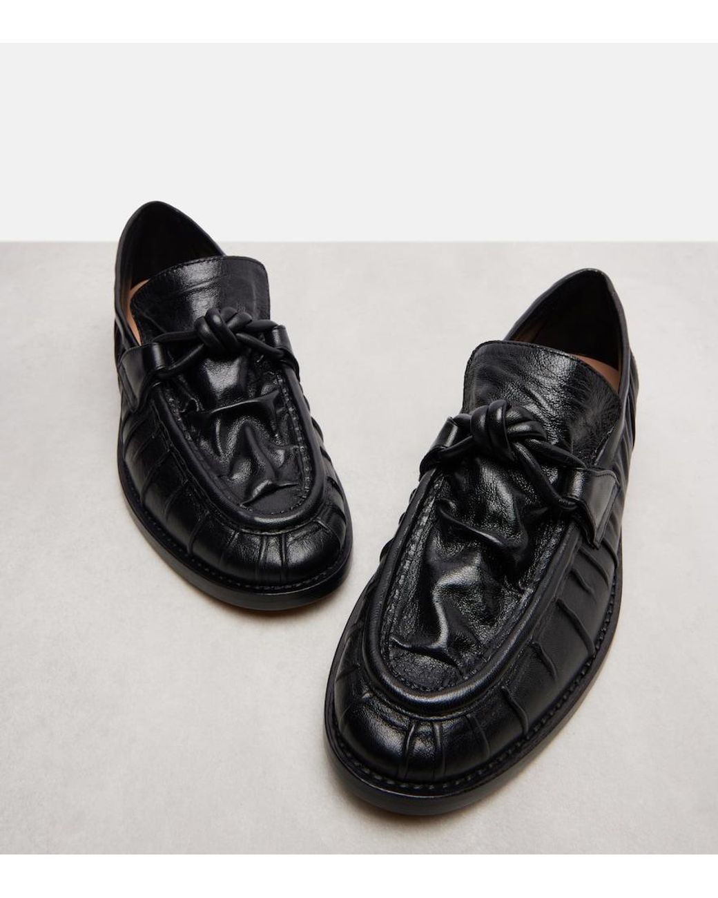 Bottega Veneta Black Astaire Knotted Crinkled-Leather Loafers