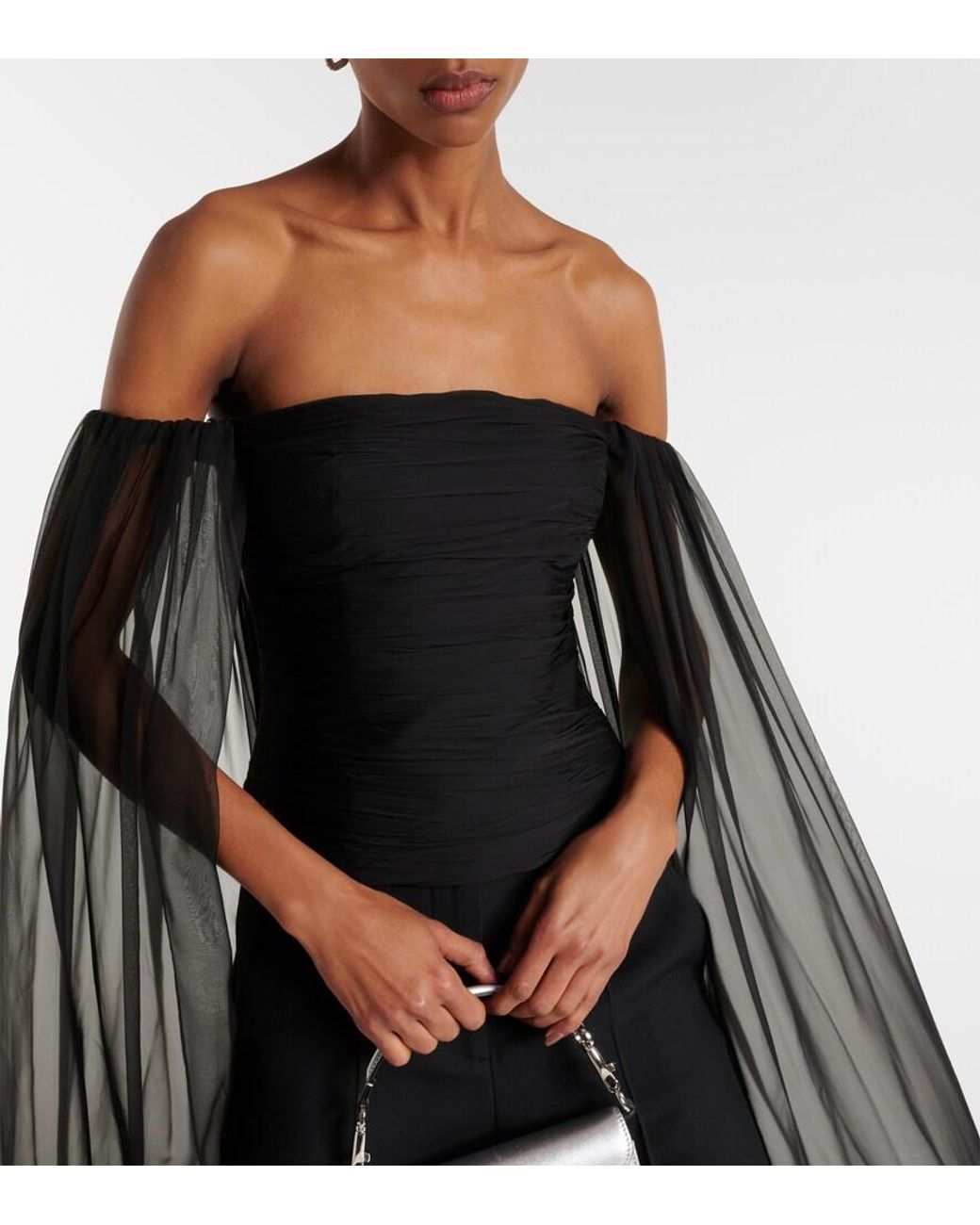 Valentino Garavani Black Caped Off-Shoulder Silk Chiffon Top