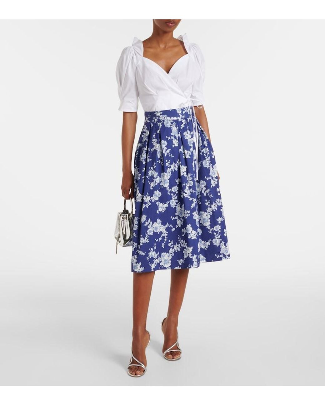 Carolina Herrera Blue Floral Faille Midi Skirt