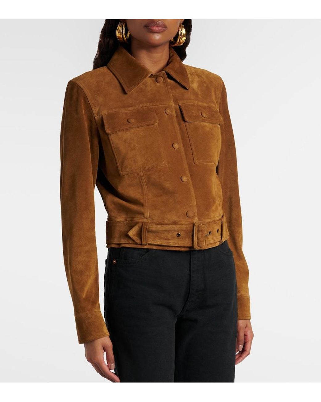 Saint Laurent Brown Belted Cropped Suede Jacket